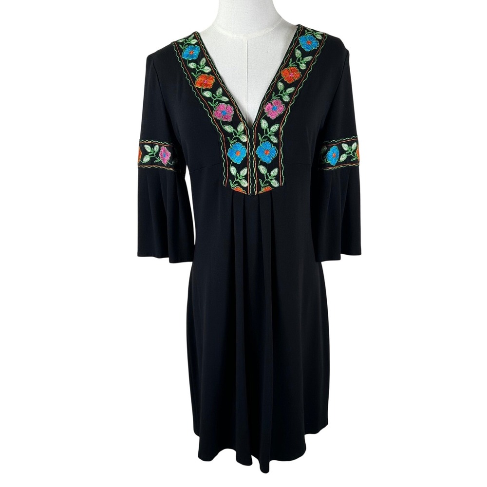 Vtg Cache Dress Women L Black Floral Embroidered Bell Sleeve V-Neck Boho Retro